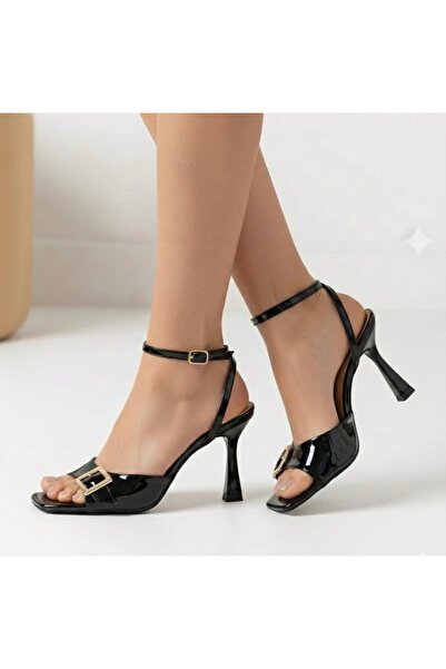 İZCE MODA Women's Heeled Sandals Black Patent Leather Ankle Strap