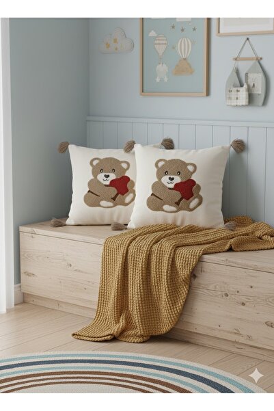 SİMEREV HALI HOME CONSEPT Punch Nakışlı 2 Adet Krem Kumaş Püsküllü Dokuma Kır...