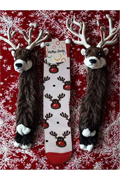Hallop Socks Geyik Desenli Dokuma Yılbaşı Çorap