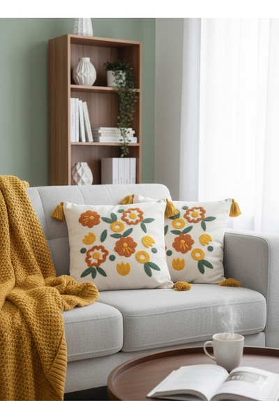 SİMEREV HALI HOME CONSEPT Punch Nakışlı 2 Adet Krem Kumaş Püsküllü Dokuma Kırlent Kılıfı Modern Desen Yastık Kılıf