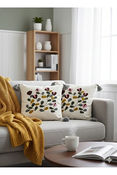 SİMEREV HALI HOME CONSEPT Punch Nakışlı 2 Adet Krem Kumaş Püsküllü Dokuma Kır...