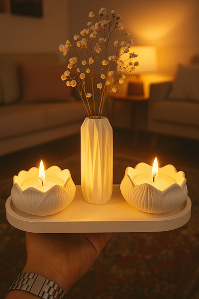 DEREN Dekoratif Lotus mumluk vazo tepsi set hediyelik ev yaşam ofis televizyon ünitesi altlığı obje