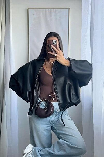 Jaglion Oversized Women's Leather Jacket with Zipper Belt Detail