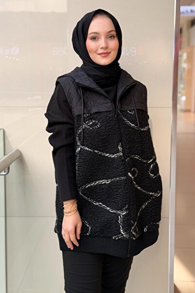 Ghisa Random Patterned Front Zipper Hooded Lamb Vest