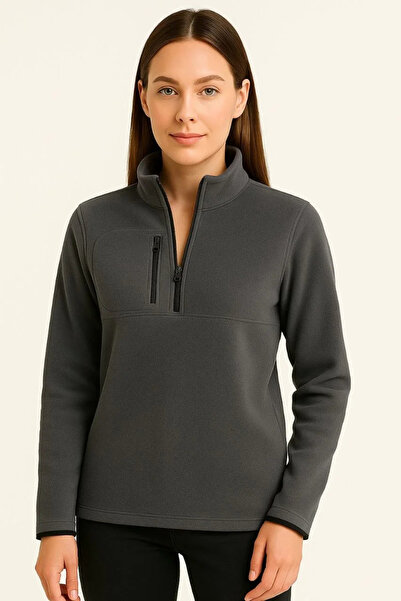 hibiscus Women's Fleece Sweater – Stand Collar, Half Zipper, Zippered Chest Pocket, Black Trim, Winter Comfortable Reg