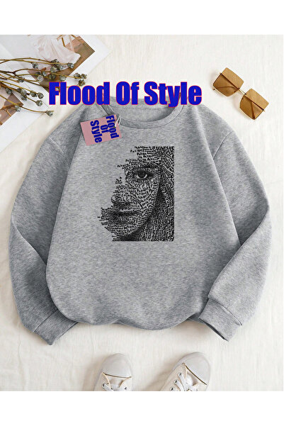 Flood Of Style Γκρι κοριτσίστικο μινιμαλιστικό φούτερ με λαιμόκοψη με τύπωμα
