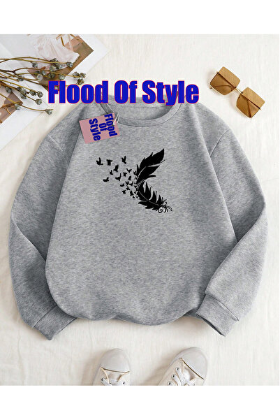 Flood Of Style Gri TüY Minimalist cu imprimeu Biskilet Yaka Sweatshirt