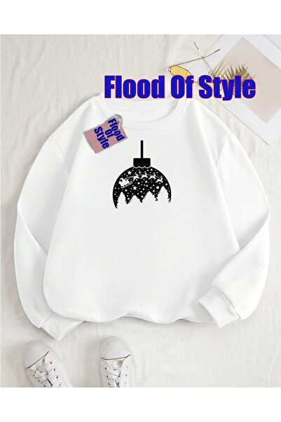 Flood Of Style سويت شيرت أبيض اللون من مطبوع بيسكيت بياقة مينيماليست