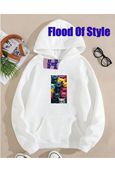 Flood Of Style Hanorac alb pisică Minimalist B cu imprimeu cu gâtul turneului