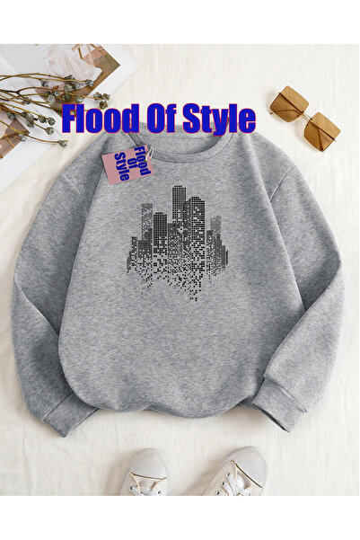 Flood Of Style Grey Bina Minimalist cu imprimeu Biskilet Yaka Swea tricou