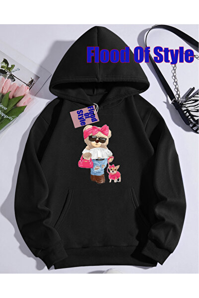 Flood Of Style Μαύρο ροζ αρκουδάκι μινιμαλιστικό φούτερ με λαιμόκοψη με τύπωμα