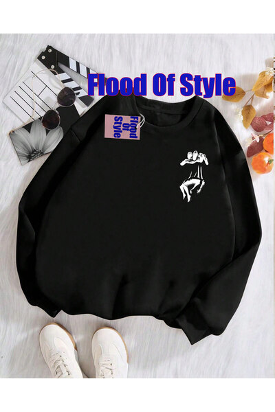 Flood Of Style سويت شيرت روهيل مينيماليست مطبوع ذو ياقة دائرية باللون الأسود