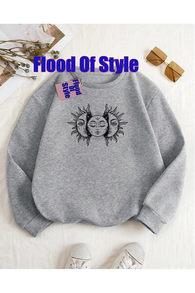 Flood Of Style Grey Moon Sun Faces Minimalist cu imprimeu Biskilet Guler Swea...