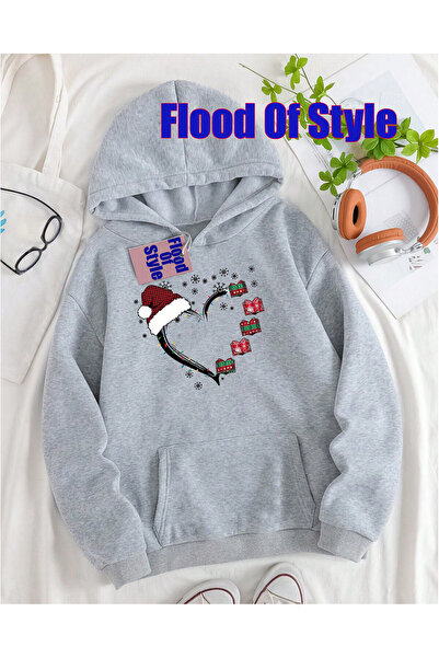 Flood Of Style Γκρι Χριστουγεννιάτικο μινιμαλιστικό φούτερ με λαιμόκοψη με τύ...