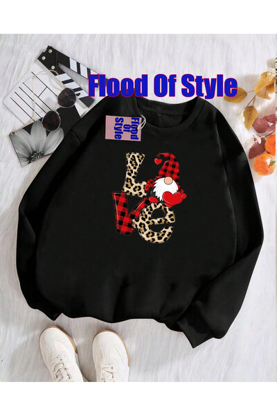 Flood Of Style Sweatshirt Minimalist cu imprimeu Biskilet "Love Christmas" Negru
