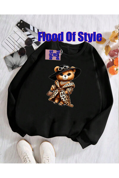 Flood Of Style Черна мечка с леопардов принт Минималистична суитшърт с качулк...