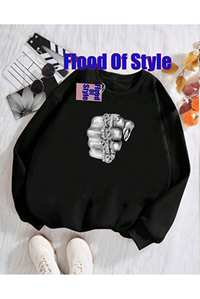 Flood Of Style Λευκά δαχτυλίδια χεριών Μινιμαλιστικό φούτερ με γιακά με τύπωμ...