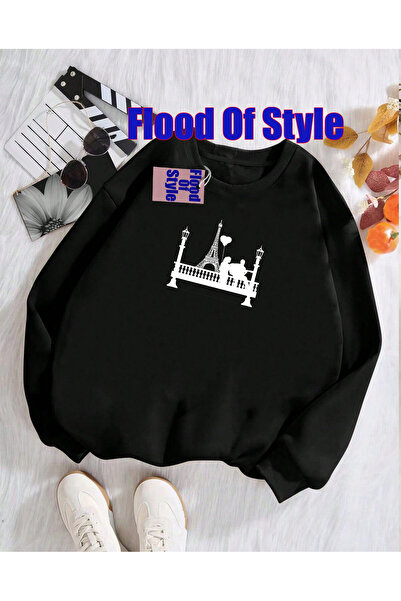 Flood Of Style Μαύρο μινιμαλιστικό φούτερ με λαιμόκοψη με τύπωμα της Νέας Υόρκης