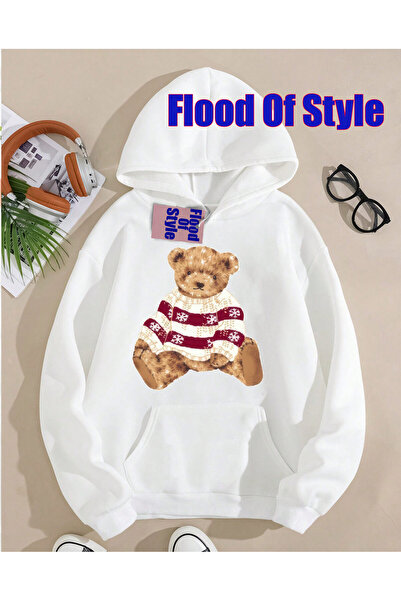 Flood Of Style BEAR minimalist în pulover alb cu imprimeu Biskilet Swea tricou