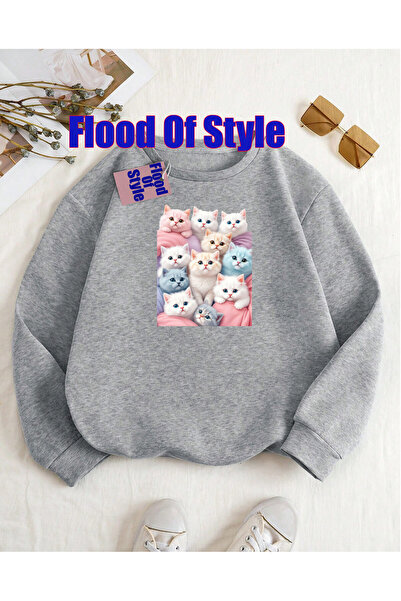 Flood Of Style Γκρι μινιμαλιστικό φούτερ με λαιμόκοψη με τύπωμα Biscuit