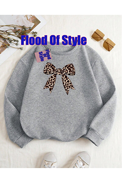 Flood Of Style Pulover minimalist gri cu imprimeu Biskilet Yaka