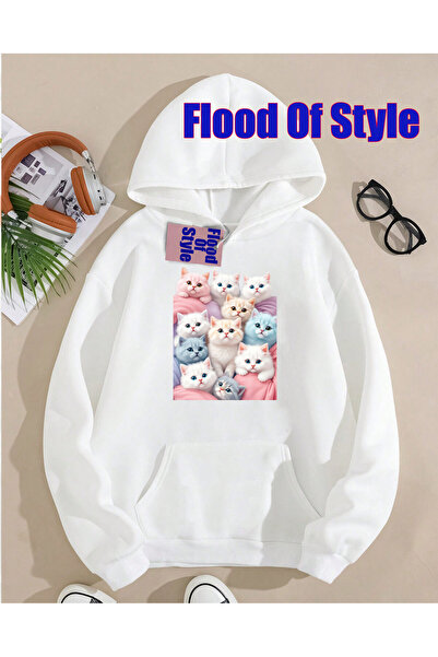 Flood Of Style Λευκή γάτα Μινιμαλιστική μπλούζα με λαιμόκοψη με τύπωμα