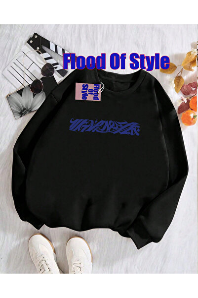 Flood Of Style Linie albă de text Minimalist cu imprimeu Biskilet Yaka Swea t...