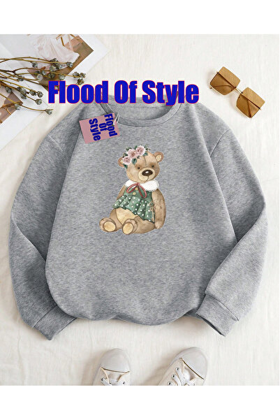Flood Of Style Hanorac cu guler B cu imprimeu minimalist GREY GREEN BEAR