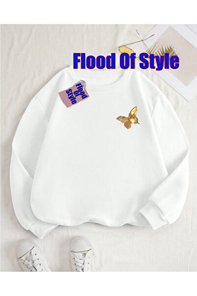Flood Of Style Φούτερ με λευκή πεταλούδα Minimalist με τύπωμα με λαιμόκοψη