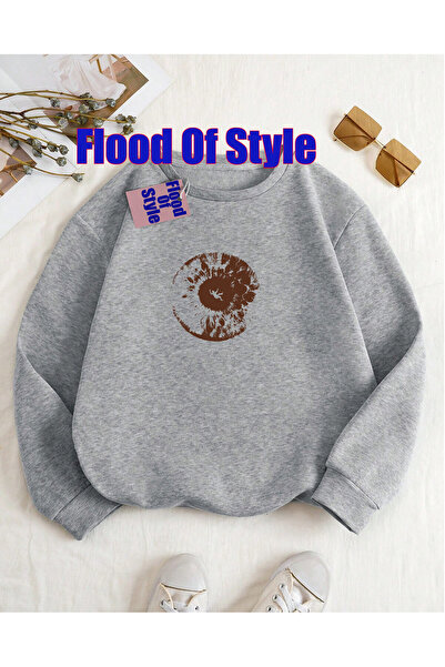 Flood Of Style Gri intahar ochi Minimalist cu imprimeu Biskilet Yaka Sweatshirt