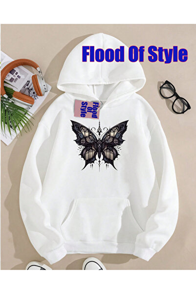 Flood Of Style Fluture alb Minimalist cu imprimeu Biskilet Guler Swea tricou