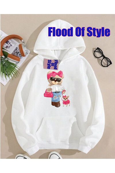Flood Of Style Λευκό ροζ αρκουδάκι μινιμαλιστικό φούτερ με λαιμόκοψη με τύπωμα
