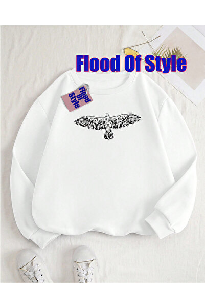 Flood Of Style سويت شيرت بياز إيجل مينيماليست مطبوع ذو ياقة بيسكيت