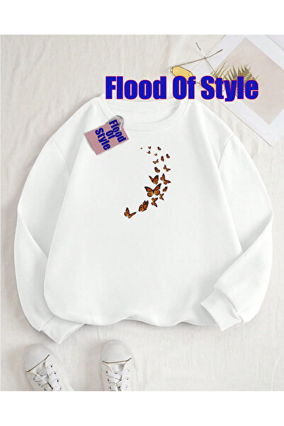 Flood Of Style Fluture alb Minimalist cu imprimeu Biskilet Guler Swea tricou