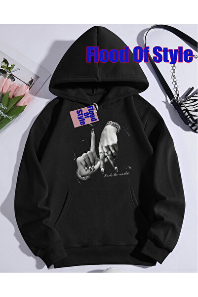 Flood Of Style Λευκά δαχτυλίδια χεριών Μινιμαλιστικό φούτερ με γιακά με τύπωμ...