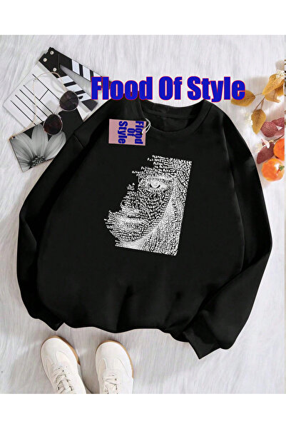 Flood Of Style Față de fată neagră Minimalist cu imprimeu Biskilet Yaka Swea ...