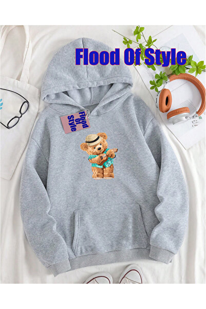 Flood Of Style سويت شيرت رمادي اللون على شكل دمية دب مينيماليست مطبوع بياقة ب...