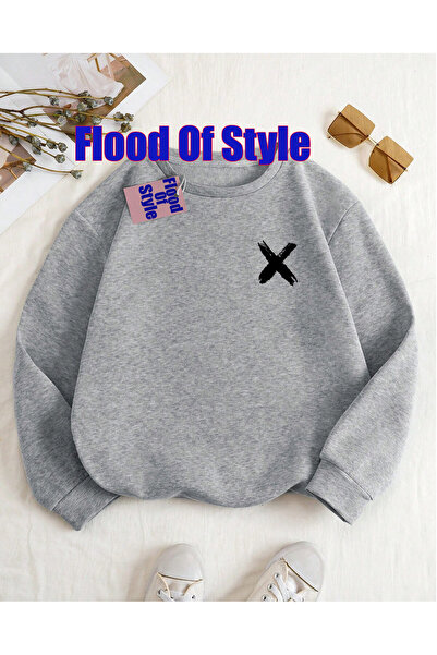 Flood Of Style Sweatshirt gri cu imprimeu minimalist și guler Biskilet