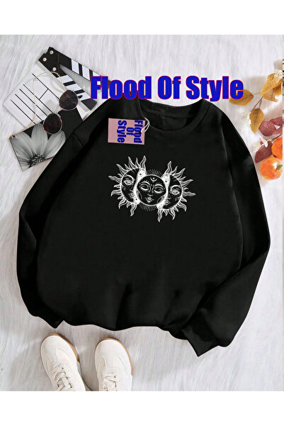Flood Of Style Black Moon Sun Faces Minimalist cu imprimeu Biskilet Guler Swe...