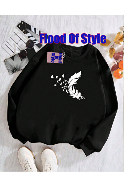 Flood Of Style سويت شيرت أسود بياقة مطبوع بيسكيت بتصميم بسيط من تي يو مينيماليست