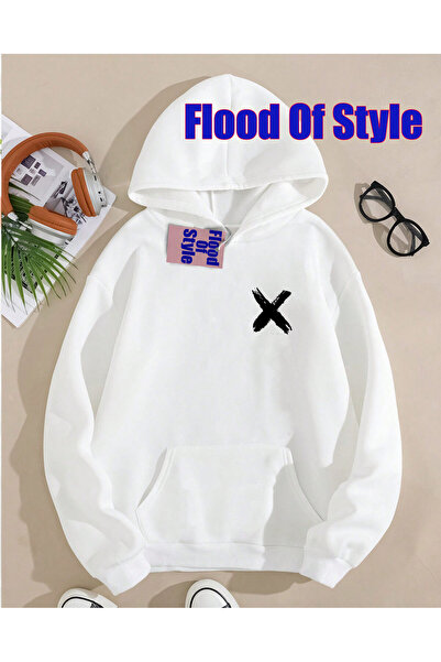 Flood Of Style Λευκό μινιμαλιστικό φούτερ με λαιμόκοψη με τύπωμα Biskilet