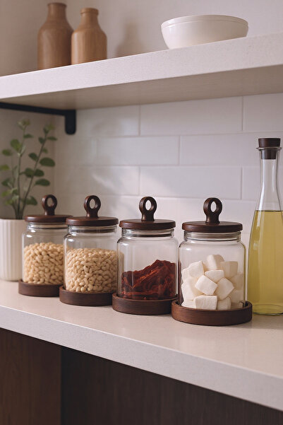 Paşabahçe Set of 4 400ml Glass Storage Jars with Acacia Wood Lids - Spice Jar Legume and Nuts Storage Container