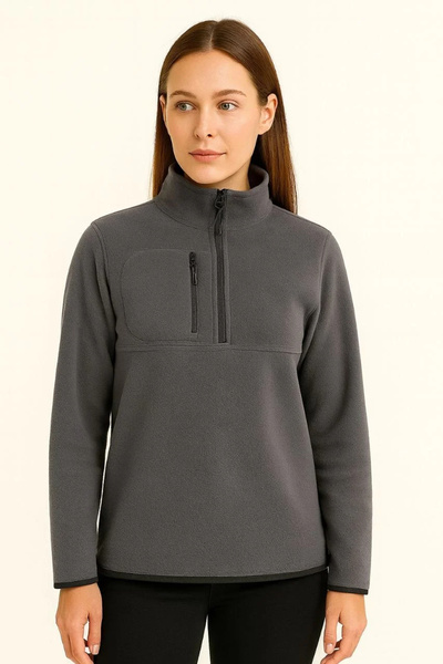 hibiscus Women's Fleece Sweater – Stand Collar, Half Zipper, Zippered Chest Pocket, Black Trim, Winter Comfortable Reg