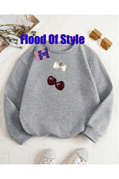 Flood Of Style Grey Cherry Minimalist cu imprimeu Biskilet Swea cu guler tricou