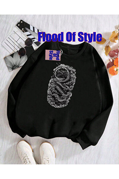 Flood Of Style Φούτερ με λαιμόκοψη με μινιμαλιστικό σχέδιο λευκού δράκου με τ...