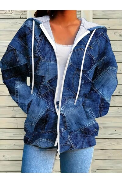 HAZEGO MDB Γυναικείο μακρυμάνικο μπουφάν με κουκούλα με φερμουάρ και μοτίβο τ...