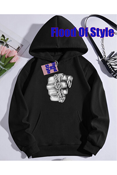 Flood Of Style Λευκά δαχτυλίδια χεριών Μινιμαλιστικό φούτερ με γιακά με τύπωμ...