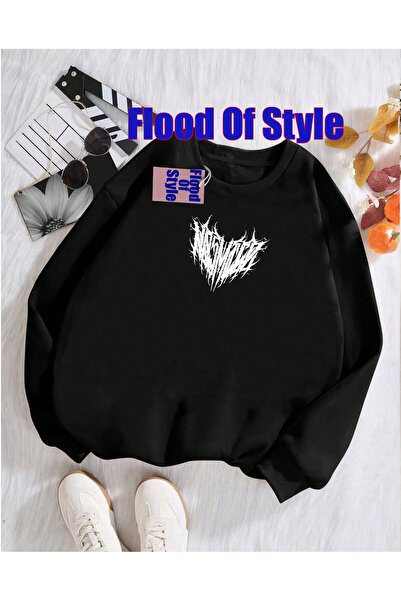 Flood Of Style سويت شيرت بارانتس مينيماليست مطبوع ذو ياقة دائرية باللون الأسود