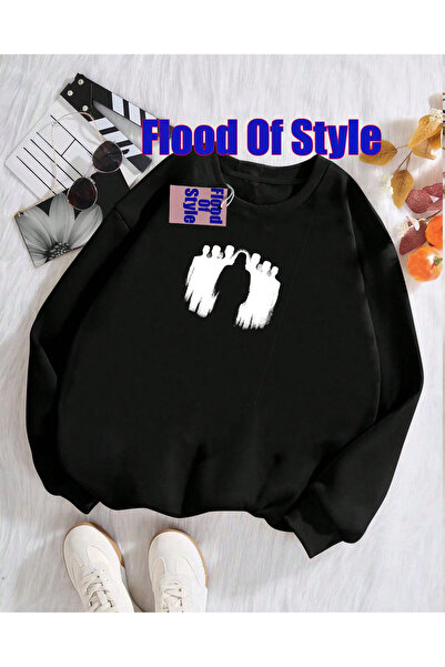 Flood Of Style Μαύρο μινιμαλιστικό φούτερ με λαιμόκοψη με τύπωμα