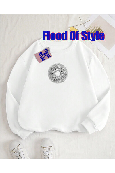 Flood Of Style Λευκό μονόχρωμο μινιμαλιστικό φούτερ με λαιμόκοψη με τύπωμα